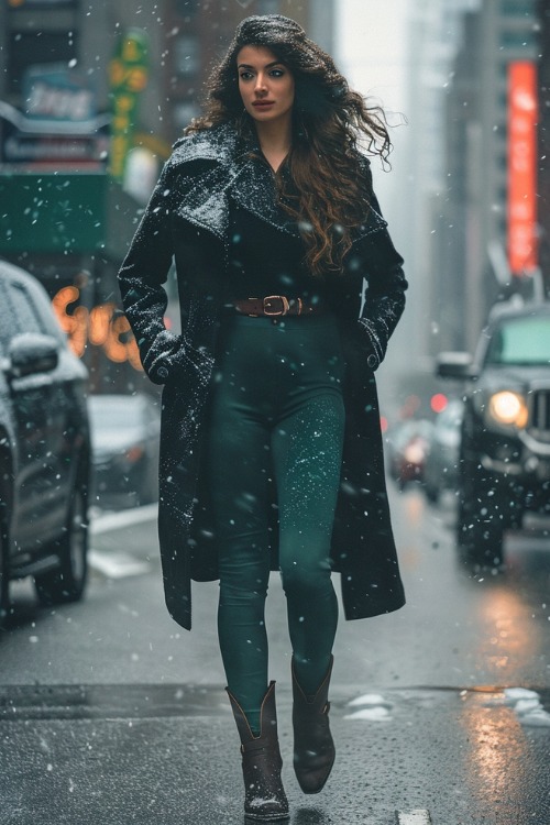 A woman wears dark brown cowboy boots, dark green leggings and a black trench coat
