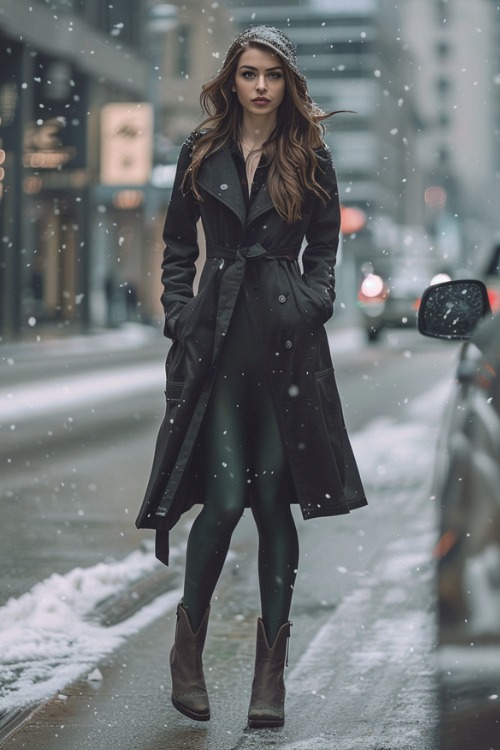 A woman wears dark brown cowboy boots, leggings and a black trench coat