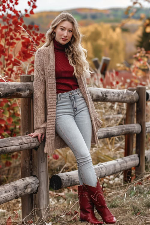 A woman wears jeans, red cowboy boots, red top and a cardigan