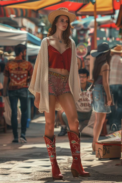 A woman wears red cowboy boots, a red crop top and a cardigan