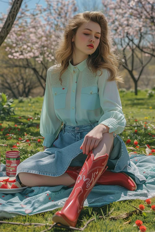 A woman wears red cowboy boots with a blouse, denim skirt