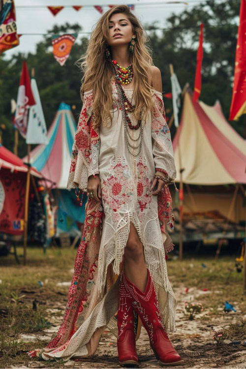 A woman wears red cowboy boots with a boho dress