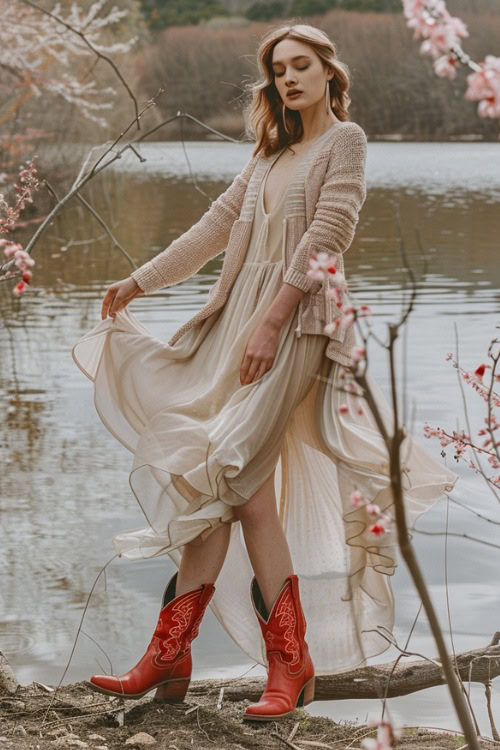 A woman wears red cowboy boots with a cardigan and a long lace dress