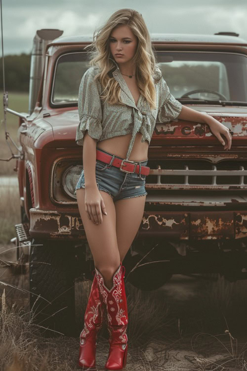 A woman wears red cowboy boots with a crop top and denim shorts