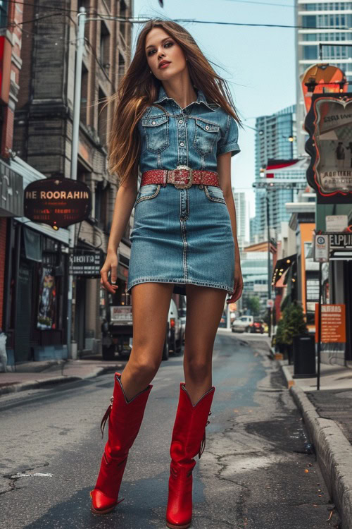 A woman wears red cowboy boots with a denim dress and a leather belt