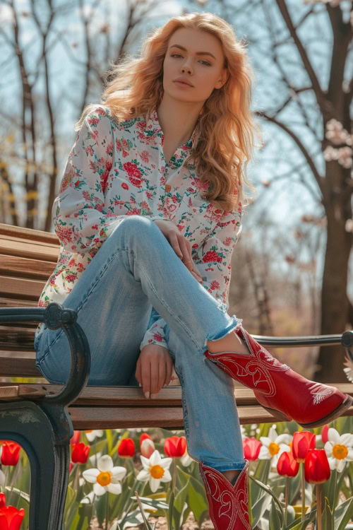 A woman wears red cowboy boots with a floral blouse and jeans