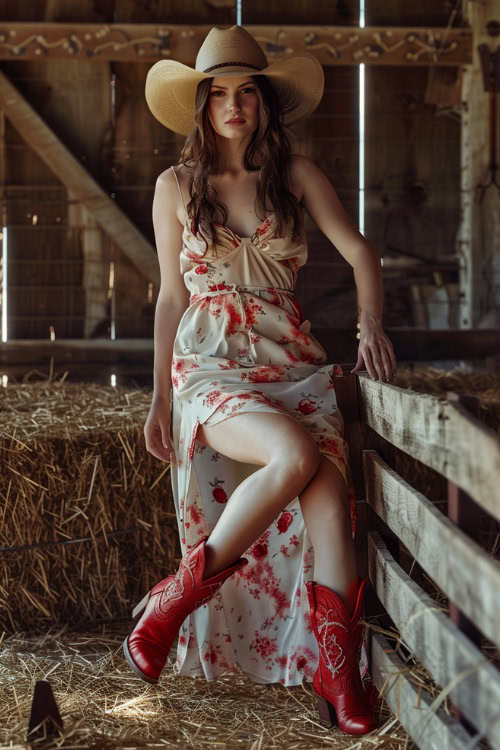 A woman wears red cowboy boots with a floral dress