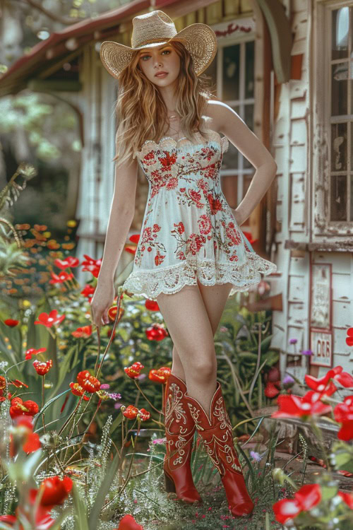 A woman wears red cowboy boots with a floral slip dress and a cowboy hat 2