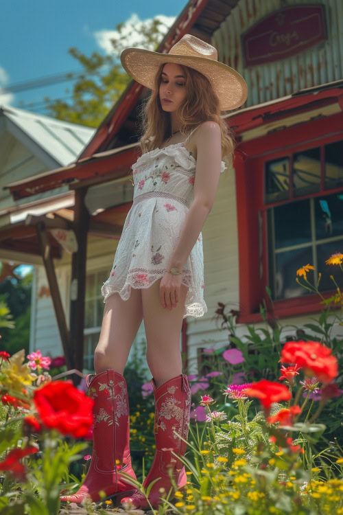 A woman wears red cowboy boots with a floral slip dress