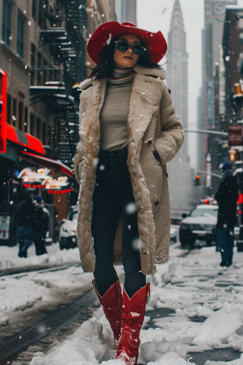 A woman wears red cowboy boots with a fur coat