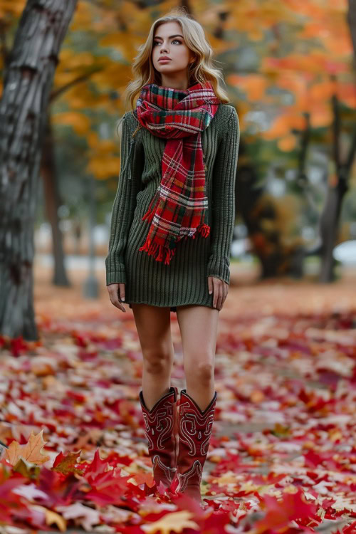 A woman wears red cowboy boots with a knit dress and a plaid scarf