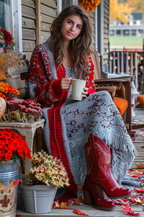 A woman wears red cowboy boots with a long knit dress