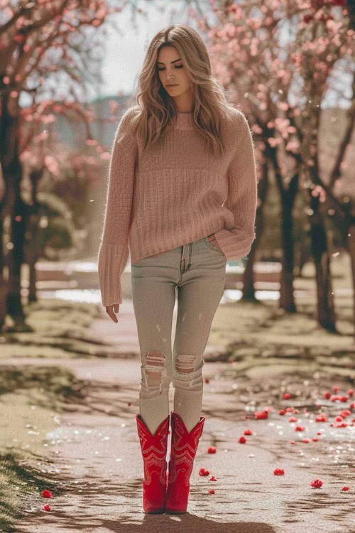 A woman wears red cowboy boots with a pink sweater and ripped jeans