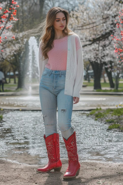 A woman wears red cowboy boots with a pink top,light cardigan and. ripped jeans