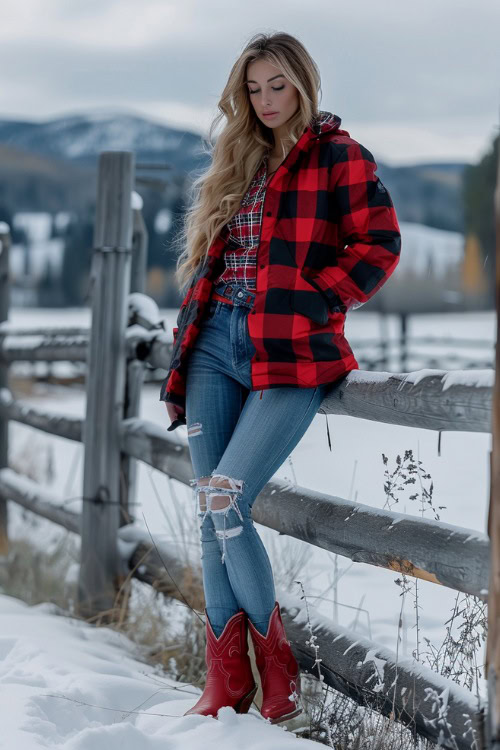A woman wears red cowboy boots with a plaid coat, plaid shirt and ripped jeans