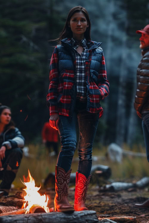 A woman wears red cowboy boots with a puffy plaid coat, jeans