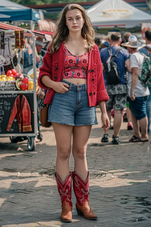 A woman wears red cowboy boots with a red cardigan, crop top and denim shortts