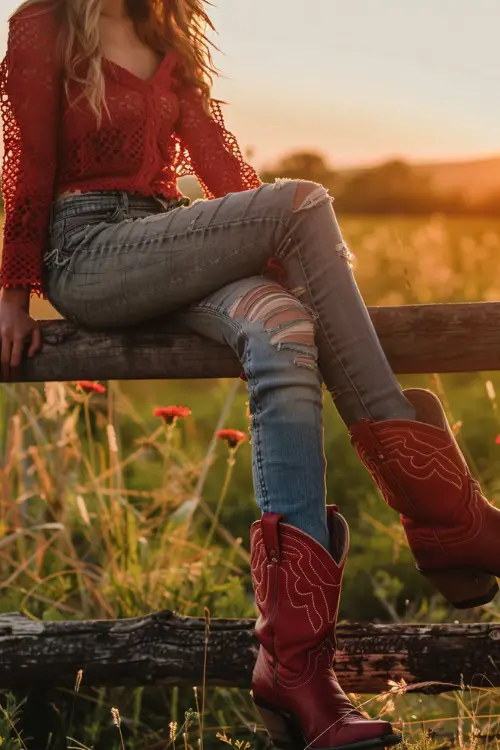 A woman wears red cowboy boots with a red lace top and ripped jeans