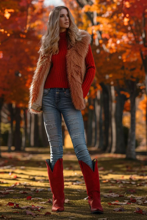 A woman wears red cowboy boots with a red sweater, fur vest and skinny jeans