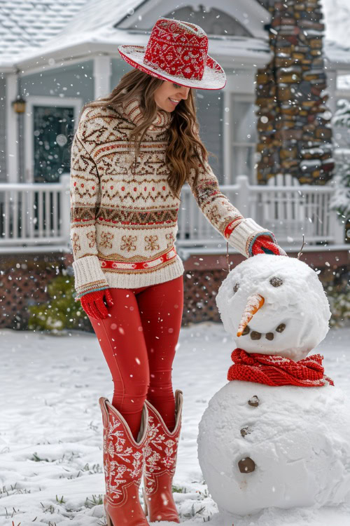 A woman wears red cowboy boots with a sweater and red pants 2