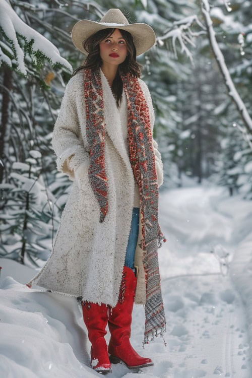 A woman wears red cowboy boots with jeans, white fur coat