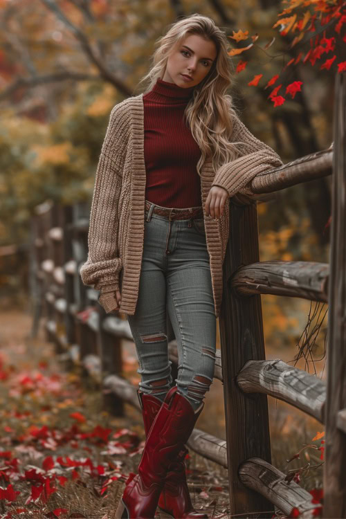 A woman wears red cowboy boots with ripped jeans, red turtleneck, cardigan
