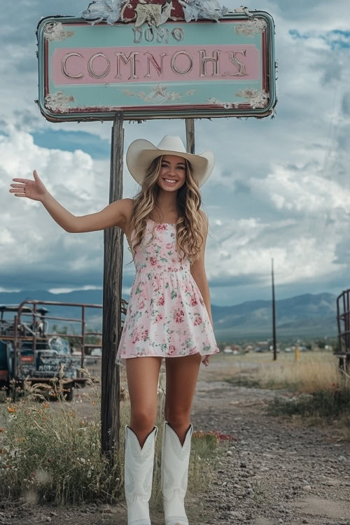 A woman wears short pink floral dress with white cowboy hat and white cowboy boots at Coachella festival