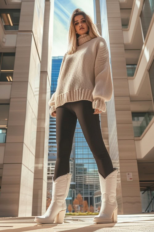 A woman wears white cowboy boots, black leggings and a sweater