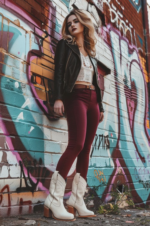 A woman wears white cowboy boots, burgundy leggings and a leather jacket