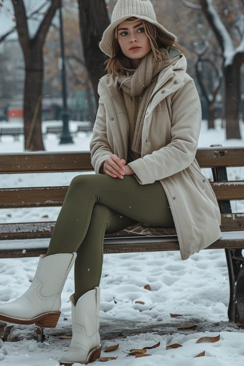 A woman wears white cowboy boots, green leggings and a down jacket