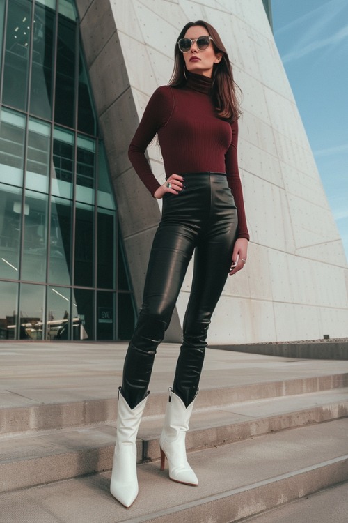 A woman wears white cowboy boots, leather leggings and a dark red turtleneck