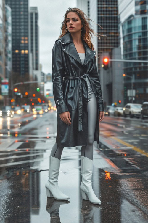 A woman wears white cowboy boots, leggings and a leather coat