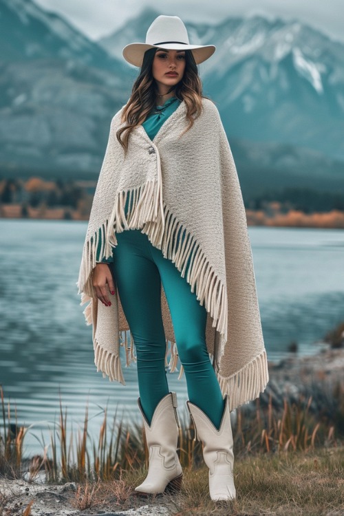 A woman wears white cowboy boots, mint leggings and a cream poncho