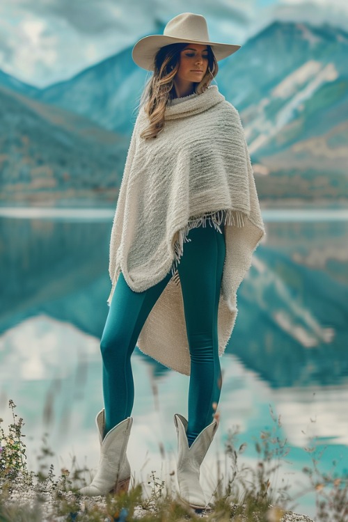 A woman wears white cowboy boots, mint leggings and a poncho
