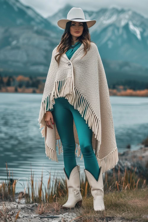 A woman wears white cowboy boots, mint leggings with a cream poncho