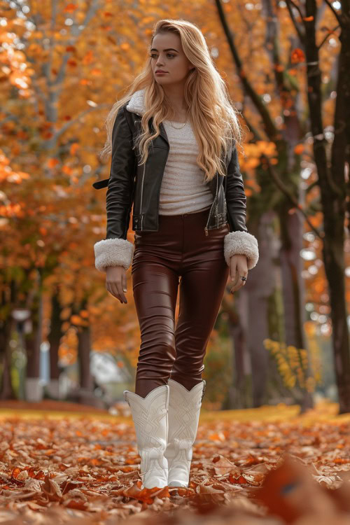 A woman wears white cowboy boots with brown leather leggings, white top and leather fur jacket