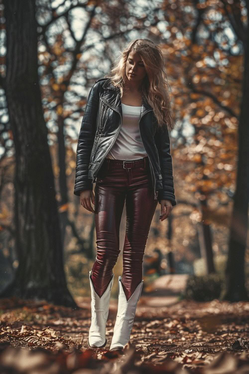 A woman wears white cowboy boots with deep red leather leggings, white top and black leather jacket