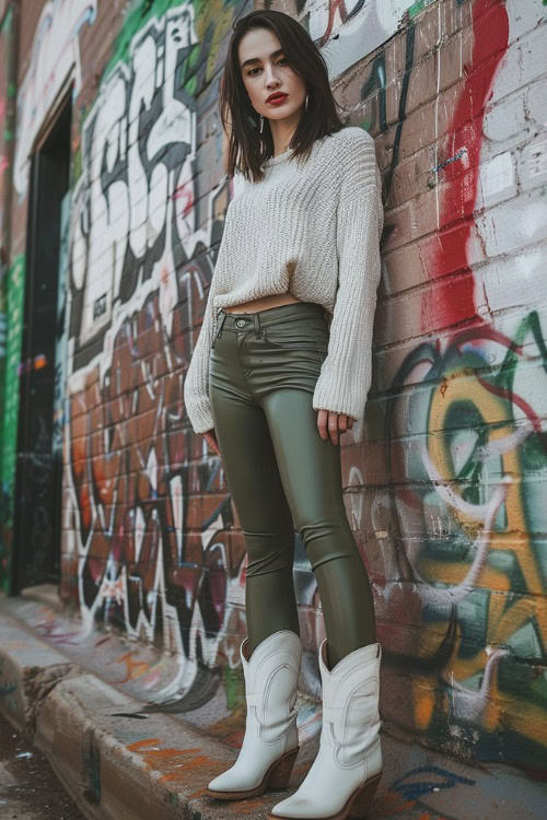 A woman wears white cowboy boots with green leather leggings and a sweater