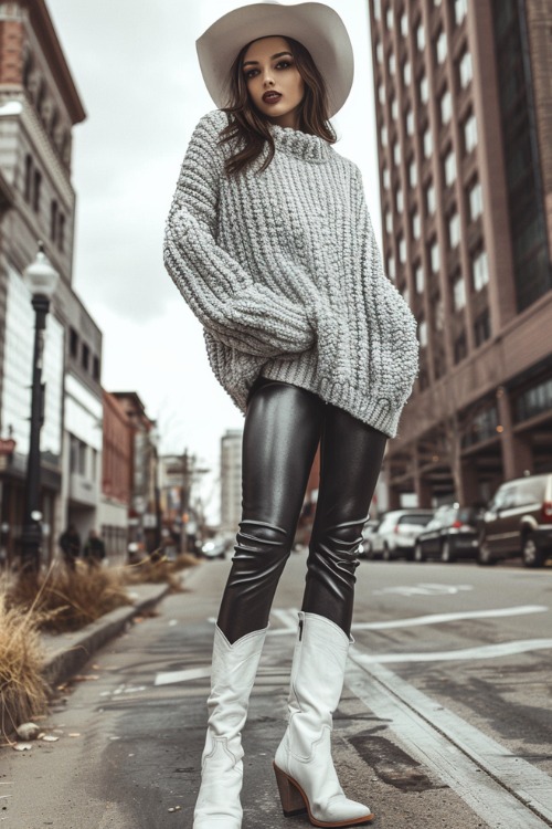 A woman wears white cowboy boots with leather leggings and a sweater