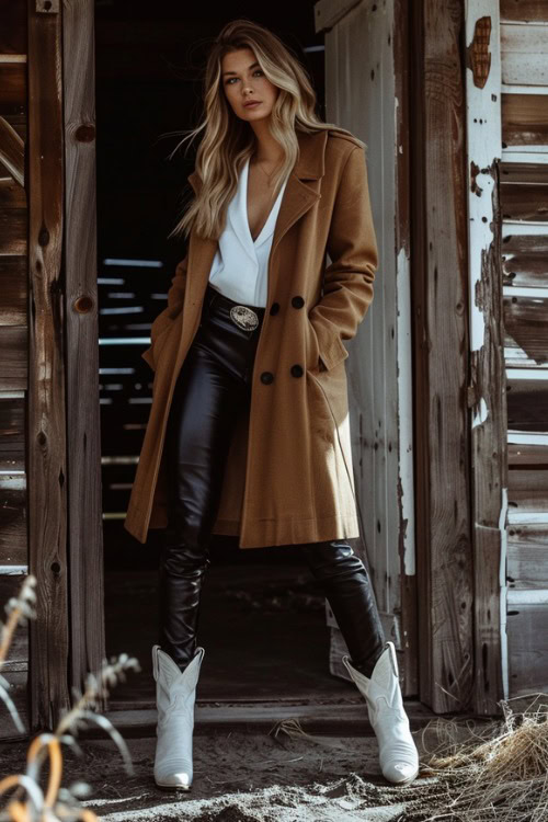 A woman wears white cowboy boots with leather leggings and white top and a trench coat
