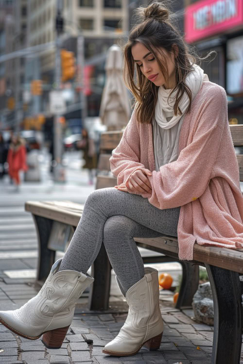 A woman wears white cowboy boots with leggings and a pink coat