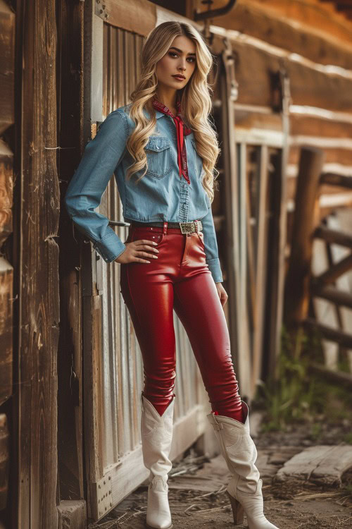 A woman wears white cowboy boots with red leather leggings, denim shirt