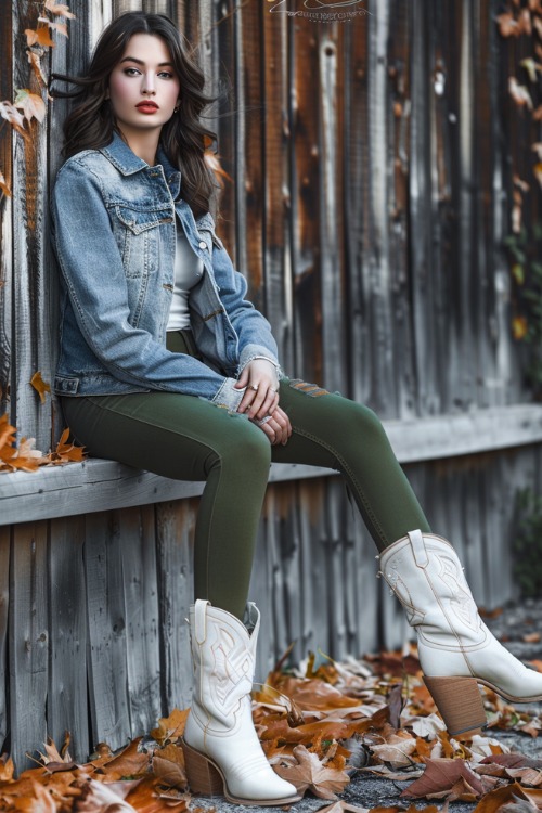 A woman wears white cowboy boots with ripped jeans and a denim jacket