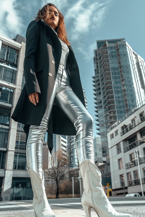 A woman wears white cowboy boots with silver leather leggings and black trench coat