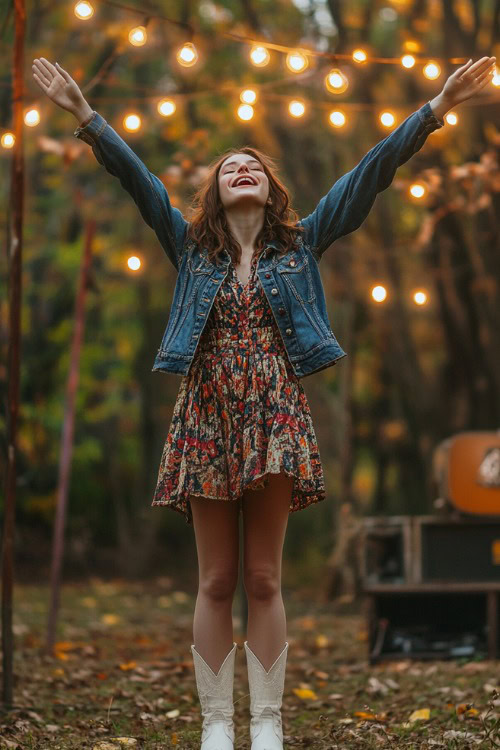 A young woman in a short, patterned dress, layered with a denim jacket and white cowboy boots (2)