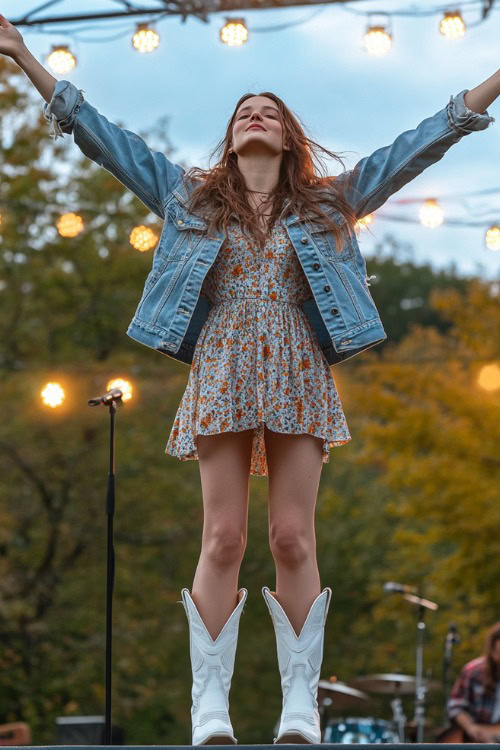 A young woman in a short, patterned dress, layered with a denim jacket and white cowboy boots