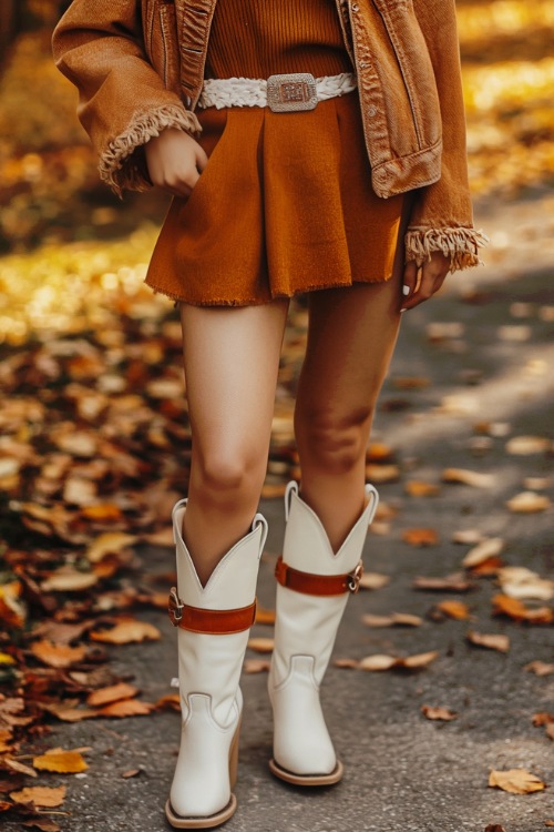 Close-up of a woman wearing white cowboy boots, an orange skirt, and a fringed jacket, standing on a leaf-covered path in autumn