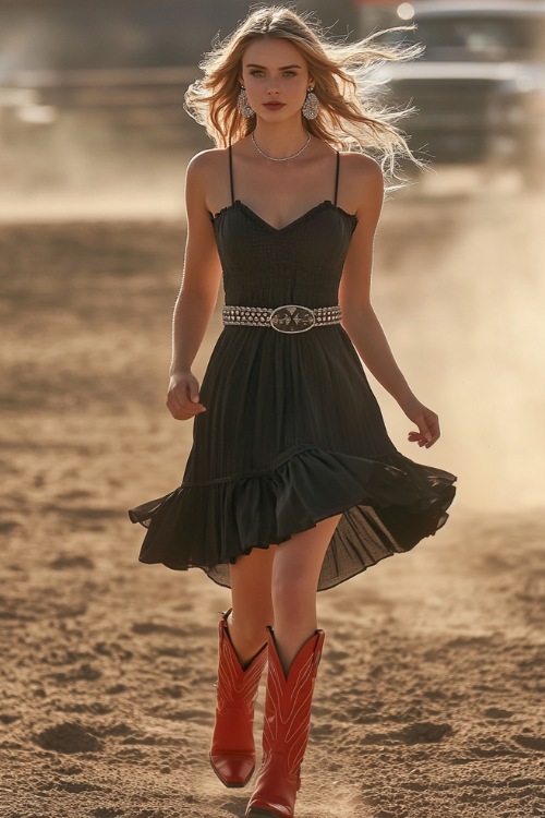 Fashionable rodeo-goer in a black ruched midi dress, bold red cowgirl boots, and a silver belt, strutting across the dusty rodeo grounds