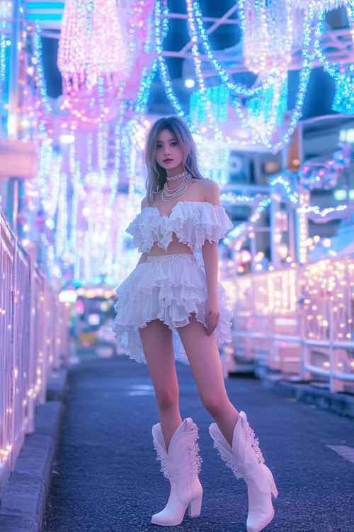 Full-body image of a woman in a ruffled mini dress with white cowboy boots, accessorized with layered necklaces and a soft, simplified concert background