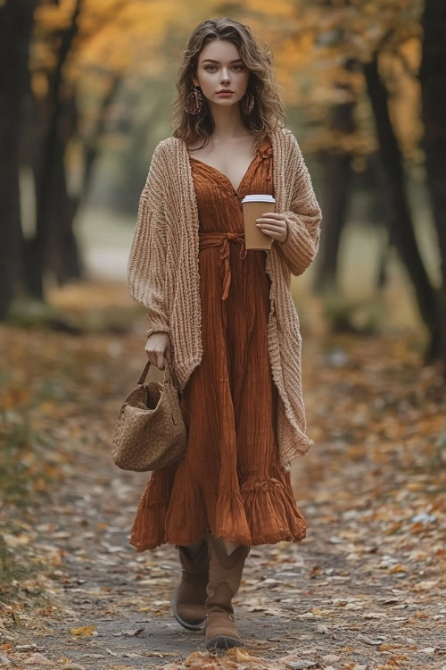 Full-body image of a woman in beige cowboy boots, a flowy midi dress in rust tones, and a chunky knit cardigan draped over her shoulders (2)